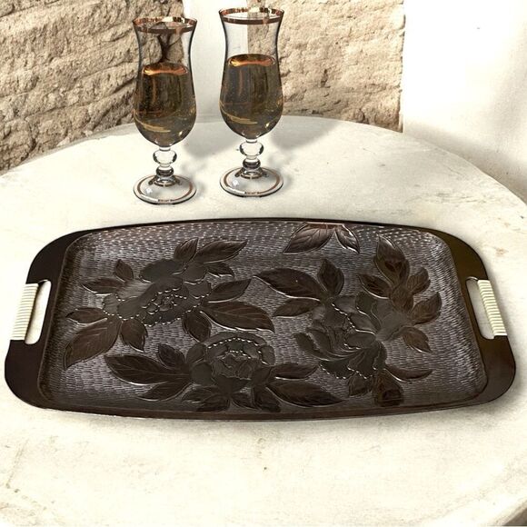 Vintage Floral Basket Weave Embossed Faux Wood Wrap Handle Serving Tray - Picture 1 of 16